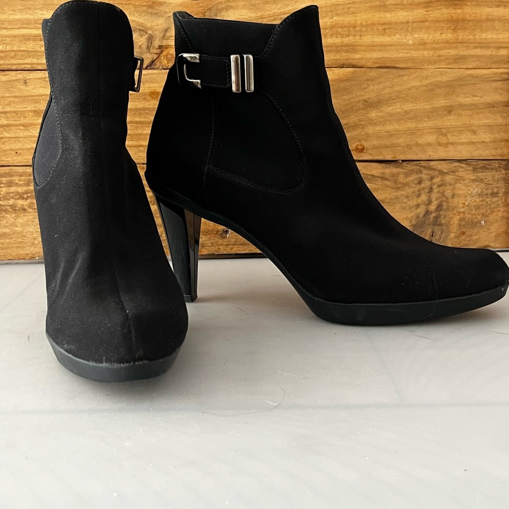 Stuart Weitzman Black Gor-Tex Booties with Silver Buckle. Size 10.